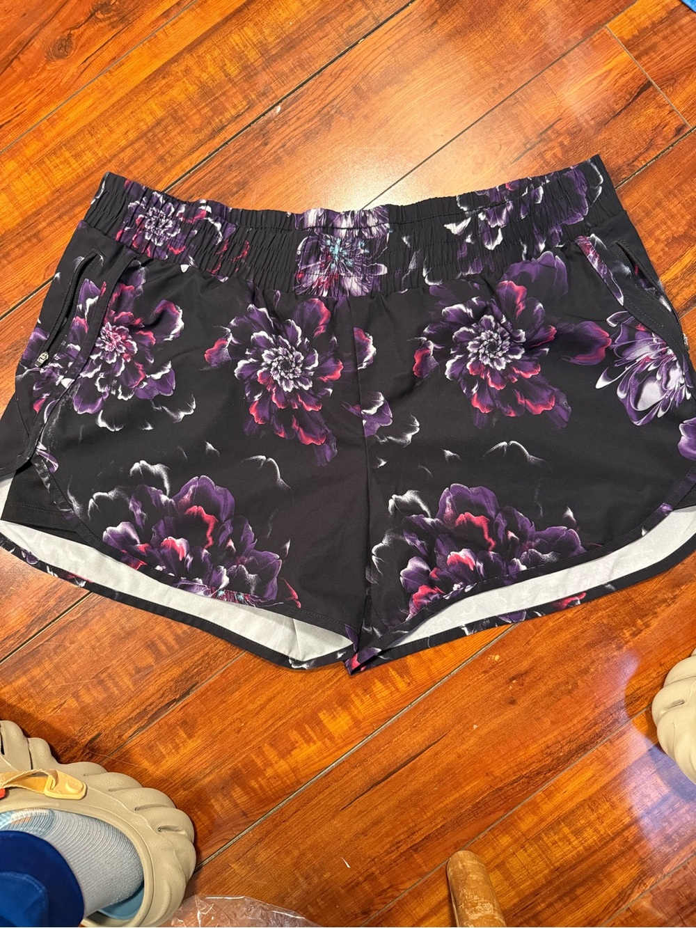 Avia Black Floral Athletic Shorts with Purple Accents